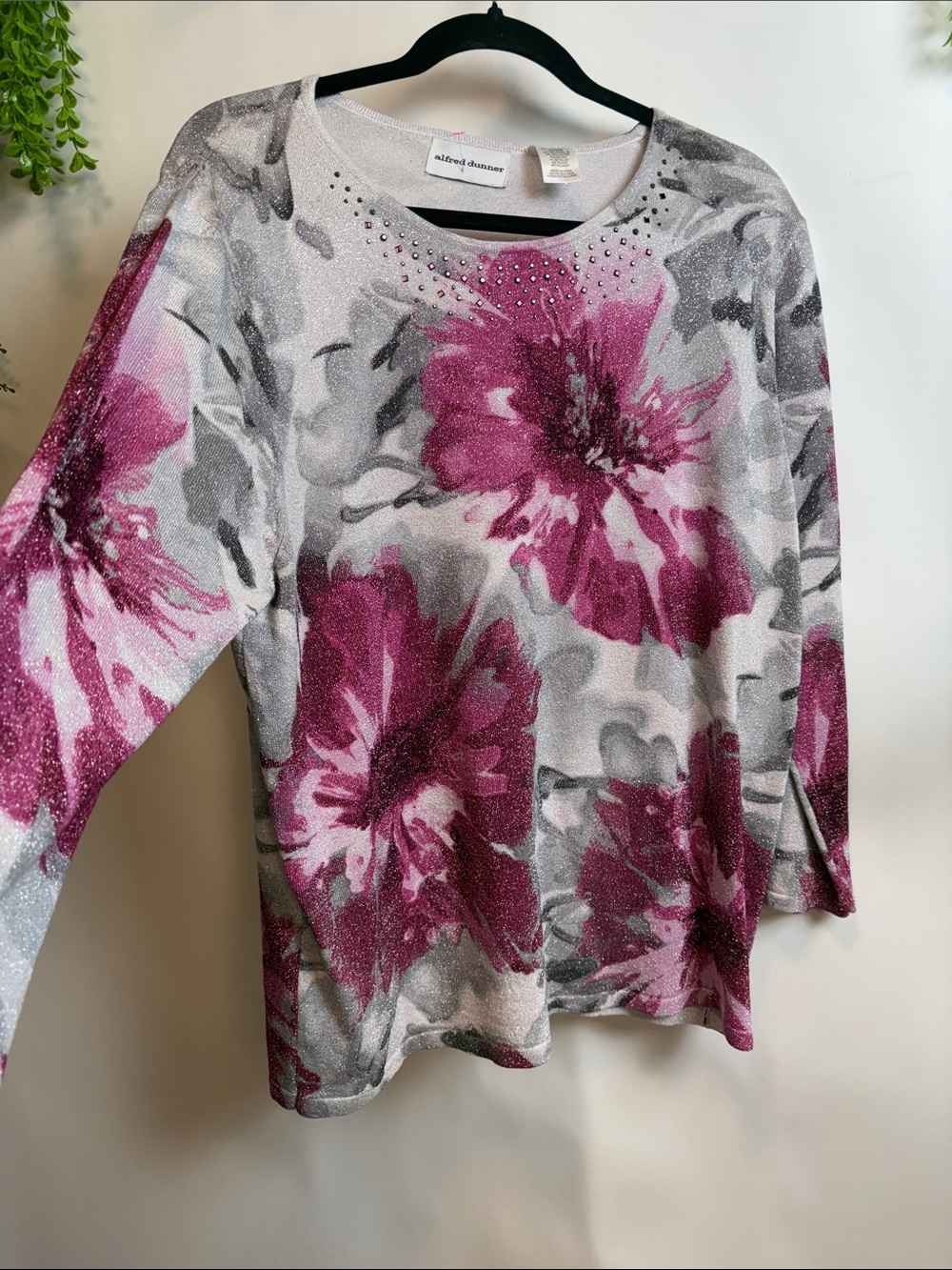 Alfred Dunner Magenta Floral Stretch Top with Rhinestone Neckline
